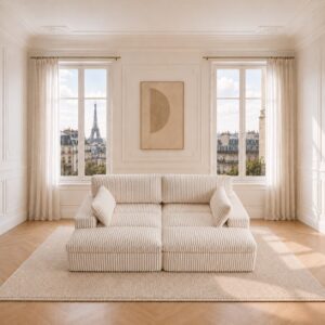 Canapé modulable en velours côtelé beige – Confort moelleux et design minimaliste