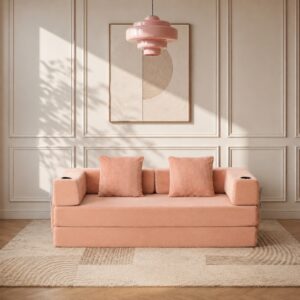 Canapé droit en velours côtelé abricot, design moderne et lignes épurées
